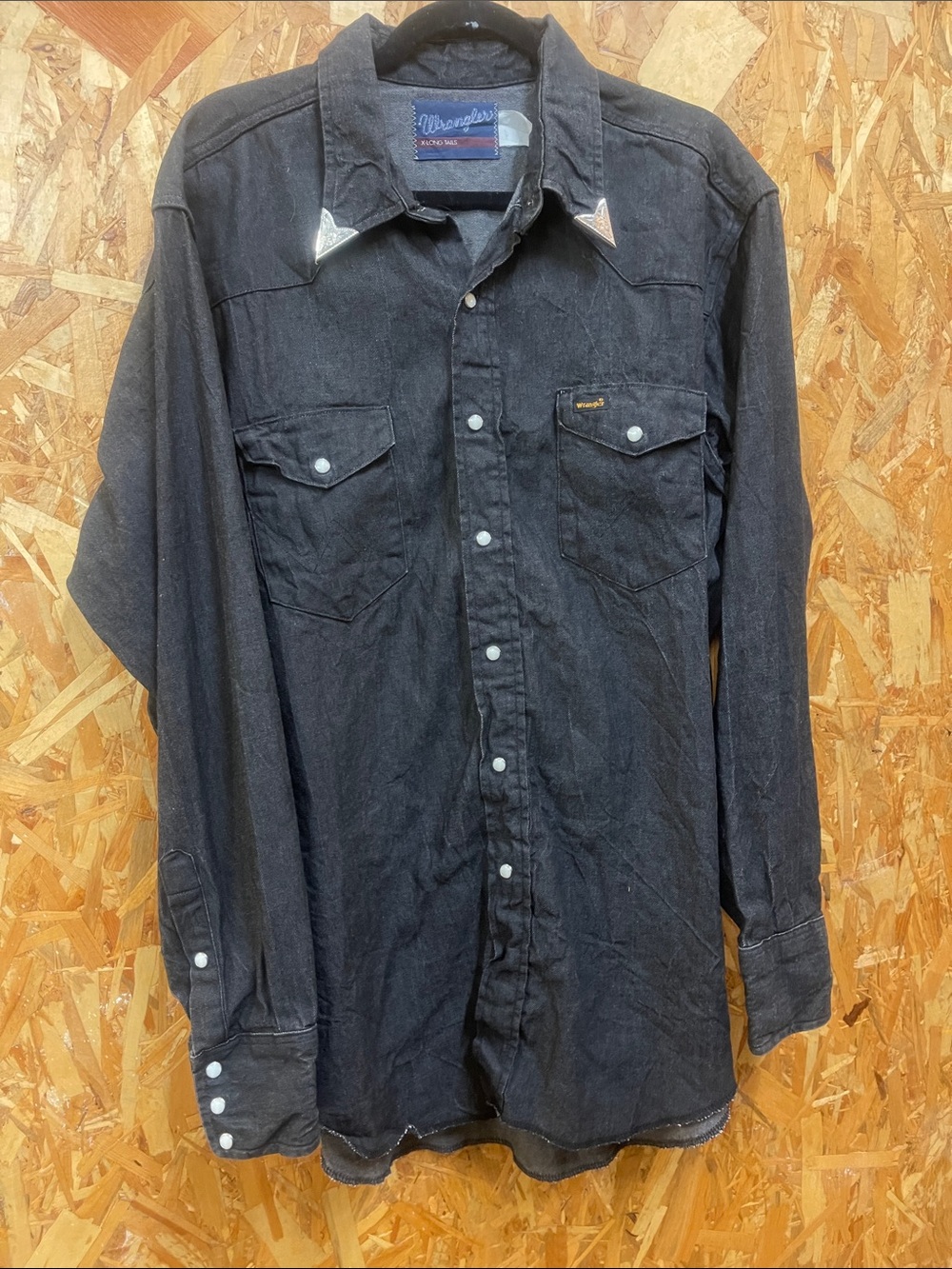 Wrangler Black Western white pearl Snap Shirt with silver Collar Tips